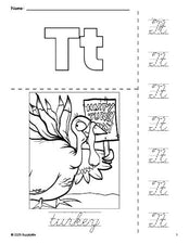 Free printable turkey Thanksgiving coloring page and cursive letter tracing worksheet, letter t worksheet for preschool, pre-k, and kindergarten, PDF