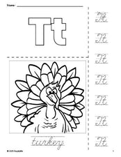 Free printable turkey Thanksgiving coloring page and cursive letter tracing worksheet, letter t worksheet for preschool, pre-k, and kindergarten, PDF