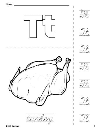 Free printable turkey Thanksgiving coloring page and cursive letter tracing worksheet, letter t worksheet for preschool, pre-k, and kindergarten, PDF