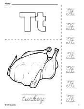 Free printable turkey Thanksgiving coloring page and cursive letter tracing worksheet, letter t worksheet for preschool, pre-k, and kindergarten, PDF