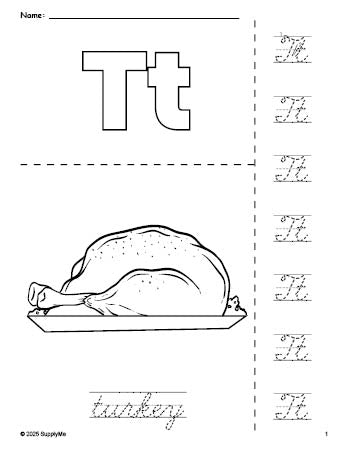 Free printable turkey Thanksgiving coloring page and cursive letter tracing worksheet, letter t worksheet for preschool, pre-k, and kindergarten, PDF