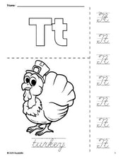 Free printable turkey Thanksgiving coloring page and cursive letter tracing worksheet, letter t worksheet for preschool, pre-k, and kindergarten, PDF