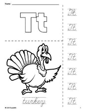 Free printable turkey Thanksgiving coloring page and cursive letter tracing worksheet, letter t worksheet for preschool, pre-k, and kindergarten, PDF