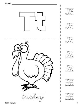 Free printable turkey Thanksgiving coloring page and cursive letter tracing worksheet, letter t worksheet for preschool, pre-k, and kindergarten, PDF