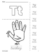 Free printable turkey Thanksgiving coloring page and cursive letter tracing worksheet, letter t worksheet for preschool, pre-k, and kindergarten, PDF