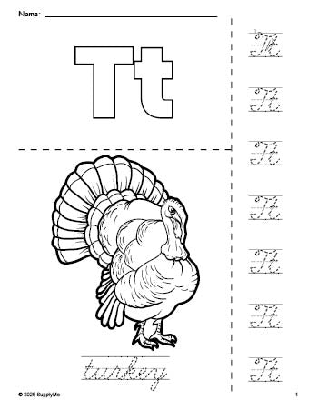 Free printable turkey Thanksgiving coloring page and cursive letter tracing worksheet, letter t worksheet for preschool, pre-k, and kindergarten, PDF