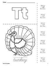 Free printable turkey Thanksgiving coloring page and cursive letter tracing worksheet, letter t worksheet for preschool, pre-k, and kindergarten, PDF