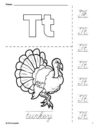 Free printable turkey Thanksgiving coloring page and cursive letter tracing worksheet, letter t worksheet for preschool, pre-k, and kindergarten, PDF