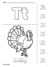 Free printable turkey Thanksgiving coloring page and cursive letter tracing worksheet, letter t worksheet for preschool, pre-k, and kindergarten, PDF