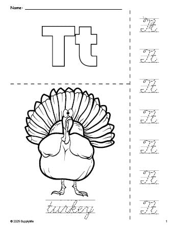 Free printable turkey Thanksgiving coloring page and cursive letter tracing worksheet, letter t worksheet for preschool, pre-k, and kindergarten, PDF