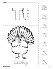 Free printable turkey Thanksgiving coloring page and cursive letter tracing worksheet, letter t worksheet for preschool, pre-k, and kindergarten, PDF