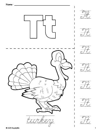 Free printable turkey Thanksgiving coloring page and cursive letter tracing worksheet, letter t worksheet for preschool, pre-k, and kindergarten, PDF