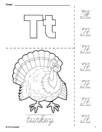 Free printable turkey Thanksgiving coloring page and cursive letter tracing worksheet, letter t worksheet for preschool, pre-k, and kindergarten, PDF