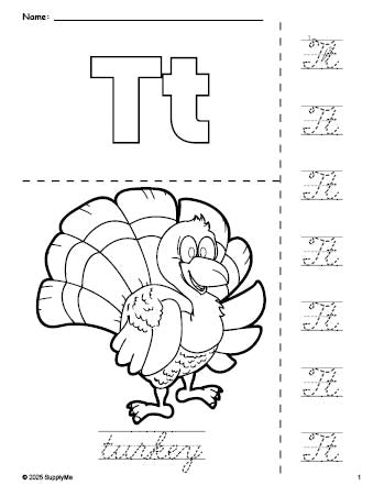 Free printable turkey Thanksgiving coloring page and cursive letter tracing worksheet, letter t worksheet for preschool, pre-k, and kindergarten, PDF