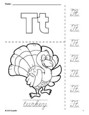 Free printable turkey Thanksgiving coloring page and cursive letter tracing worksheet, letter t worksheet for preschool, pre-k, and kindergarten, PDF