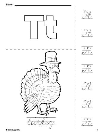 Free printable turkey Thanksgiving coloring page and cursive letter tracing worksheet, letter t worksheet for preschool, pre-k, and kindergarten, PDF