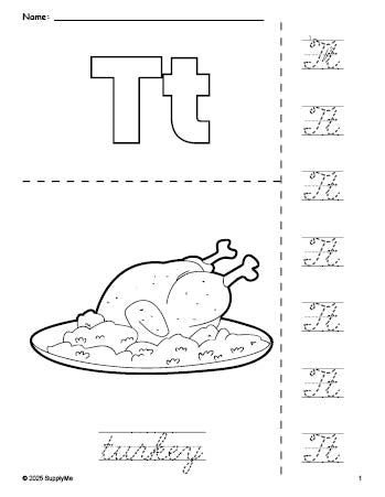 Free printable turkey Thanksgiving coloring page and cursive letter tracing worksheet, letter t worksheet for preschool, pre-k, and kindergarten, PDF