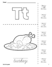 Free printable turkey Thanksgiving coloring page and cursive letter tracing worksheet, letter t worksheet for preschool, pre-k, and kindergarten, PDF