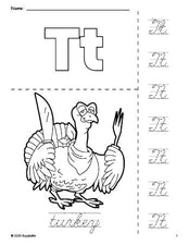 Free printable turkey Thanksgiving coloring page and cursive letter tracing worksheet, letter t worksheet for preschool, pre-k, and kindergarten, PDF