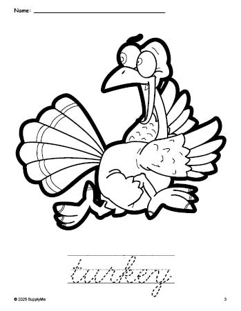 Free printable turkey Thanksgiving coloring page and cursive word tracing worksheet, perfect for preschool, pre-k, and kindergarten, PDF