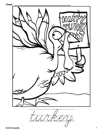 Free printable turkey Thanksgiving coloring page and cursive word tracing worksheet, perfect for preschool, pre-k, and kindergarten, PDF