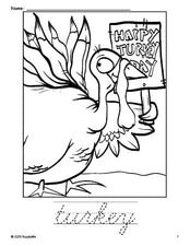 Free printable turkey Thanksgiving coloring page and cursive word tracing worksheet, perfect for preschool, pre-k, and kindergarten, PDF