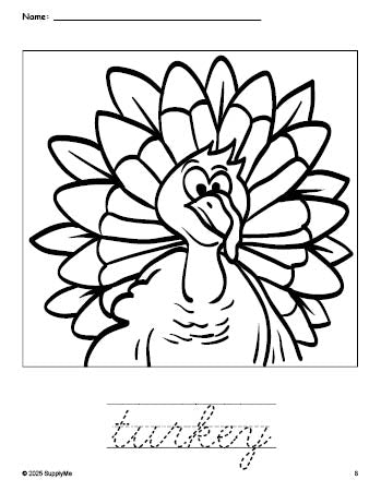 Free printable turkey Thanksgiving coloring page and cursive word tracing worksheet, perfect for preschool, pre-k, and kindergarten, PDF