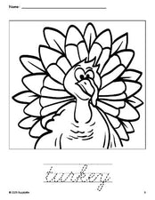 Free printable turkey Thanksgiving coloring page and cursive word tracing worksheet, perfect for preschool, pre-k, and kindergarten, PDF