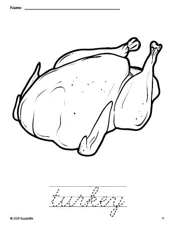 Free printable turkey Thanksgiving coloring page and cursive word tracing worksheet, perfect for preschool, pre-k, and kindergarten, PDF