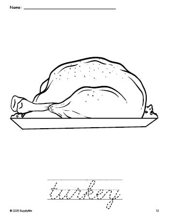 Free printable turkey Thanksgiving coloring page and cursive word tracing worksheet, perfect for preschool, pre-k, and kindergarten, PDF