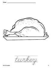 Free printable turkey Thanksgiving coloring page and cursive word tracing worksheet, perfect for preschool, pre-k, and kindergarten, PDF