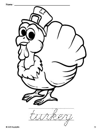 Free printable turkey Thanksgiving coloring page and cursive word tracing worksheet, perfect for preschool, pre-k, and kindergarten, PDF