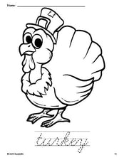 Free printable turkey Thanksgiving coloring page and cursive word tracing worksheet, perfect for preschool, pre-k, and kindergarten, PDF