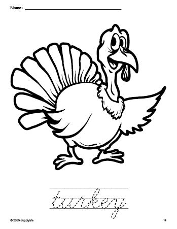 Free printable turkey Thanksgiving coloring page and cursive word tracing worksheet, perfect for preschool, pre-k, and kindergarten, PDF