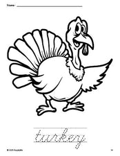 Free printable turkey Thanksgiving coloring page and cursive word tracing worksheet, perfect for preschool, pre-k, and kindergarten, PDF