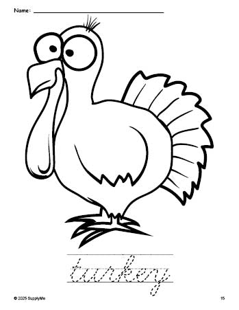 Free printable turkey Thanksgiving coloring page and cursive word tracing worksheet, perfect for preschool, pre-k, and kindergarten, PDF