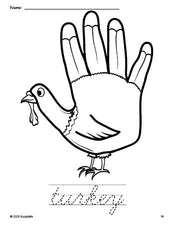 Free printable turkey Thanksgiving coloring page and cursive word tracing worksheet, perfect for preschool, pre-k, and kindergarten, PDF