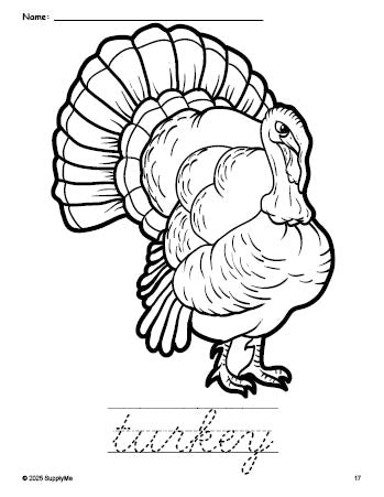 Free printable turkey Thanksgiving coloring page and cursive word tracing worksheet, perfect for preschool, pre-k, and kindergarten, PDF