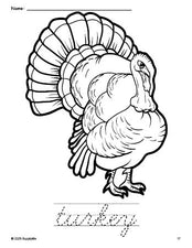 Free printable turkey Thanksgiving coloring page and cursive word tracing worksheet, perfect for preschool, pre-k, and kindergarten, PDF