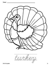 Free printable turkey Thanksgiving coloring page and cursive word tracing worksheet, perfect for preschool, pre-k, and kindergarten, PDF