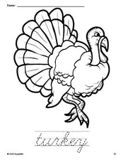 Free printable turkey Thanksgiving coloring page and cursive word tracing worksheet, perfect for preschool, pre-k, and kindergarten, PDF