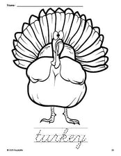 Free printable turkey Thanksgiving coloring page and cursive word tracing worksheet, perfect for preschool, pre-k, and kindergarten, PDF