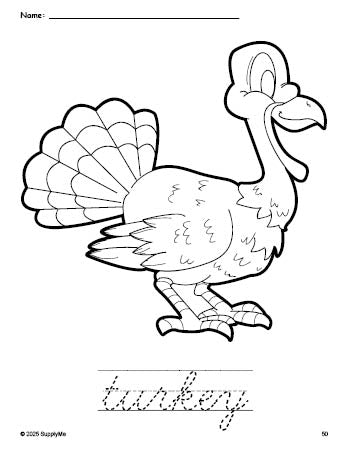 Free printable turkey Thanksgiving coloring page and cursive word tracing worksheet, perfect for preschool, pre-k, and kindergarten, PDF