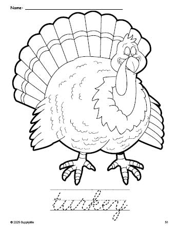 Free printable turkey Thanksgiving coloring page and cursive word tracing worksheet, perfect for preschool, pre-k, and kindergarten, PDF