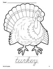 Free printable turkey Thanksgiving coloring page and cursive word tracing worksheet, perfect for preschool, pre-k, and kindergarten, PDF