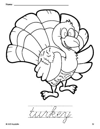 Free printable turkey Thanksgiving coloring page and cursive word tracing worksheet, perfect for preschool, pre-k, and kindergarten, PDF