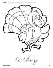 Free printable turkey Thanksgiving coloring page and cursive word tracing worksheet, perfect for preschool, pre-k, and kindergarten, PDF