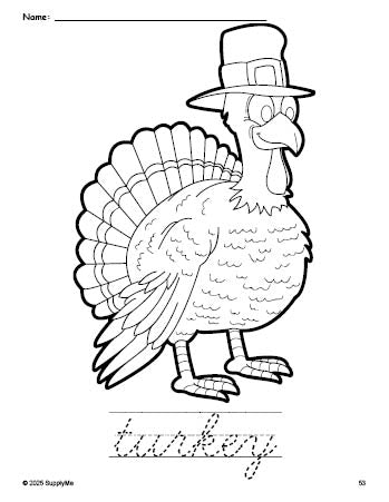 Free printable turkey Thanksgiving coloring page and cursive word tracing worksheet, perfect for preschool, pre-k, and kindergarten, PDF