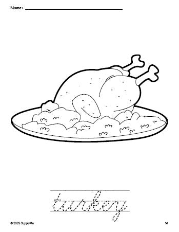 Free printable turkey Thanksgiving coloring page and cursive word tracing worksheet, perfect for preschool, pre-k, and kindergarten, PDF