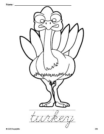 Free printable turkey Thanksgiving coloring page and cursive word tracing worksheet, perfect for preschool, pre-k, and kindergarten, PDF